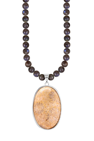 Labradorite Beads Necklace With Lily Fossil Pendant - SF