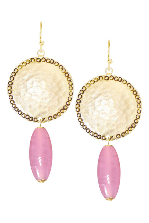 Pink Murano Glass & Hammered Coin Drop Earrings - GF