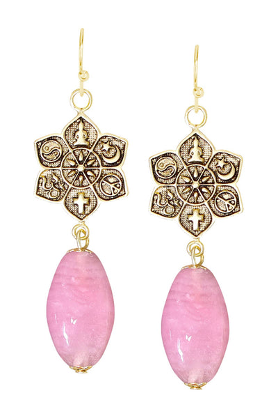 Pink Murano Glass & Coexist Harmony Lotus Drop Earrings - GF