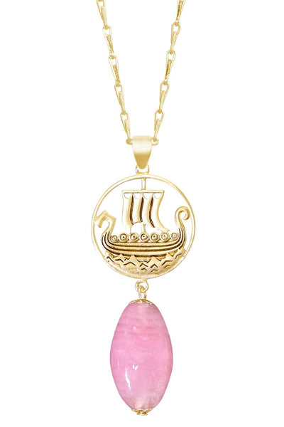 Pink Murano Glass & Viking Ship Pendant Necklace - GF