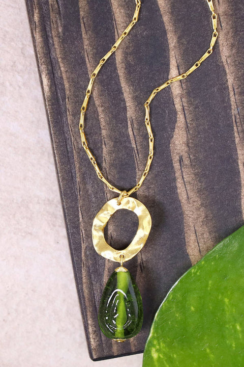 Peridot Murano Glass & Hammered Hoop Pendant Necklace - GF