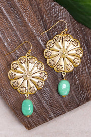 Green Murano Glass & Hammered Floral Disc Drop Earrings - GF