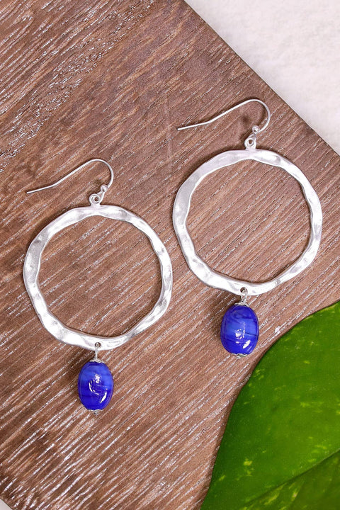 Blue Murano Glass & Hammered Hoop Drop Earrings - SF