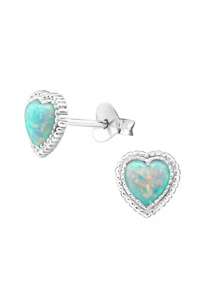 Sterling Silver Heart Ear Studs With Opal - SS