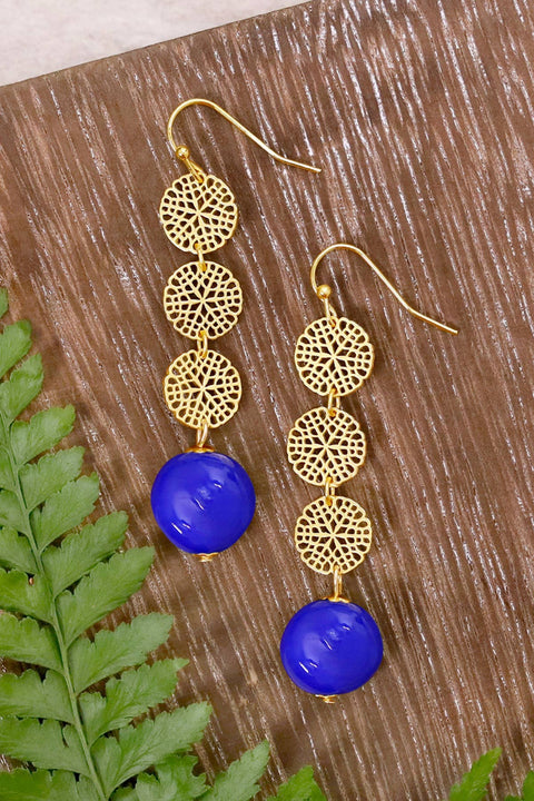 Blue Murano Glass & Daisy Disc Drop Earrings - GF