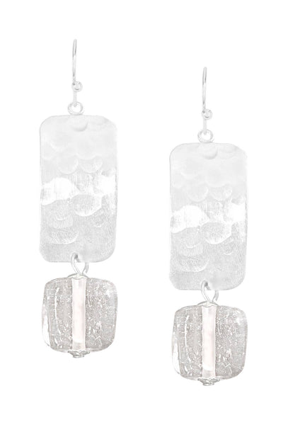 Clear Murano Glass & Hammered Rectangle Drop Earrings - SF