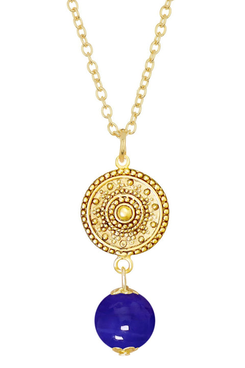 Blue Murano Glass & Mandala Disc Pendant Necklace - GF