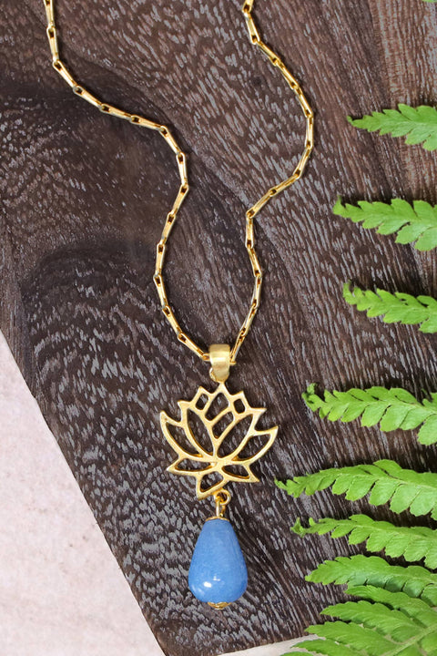 Aquamarine & Lotus Pendant Necklace - GF