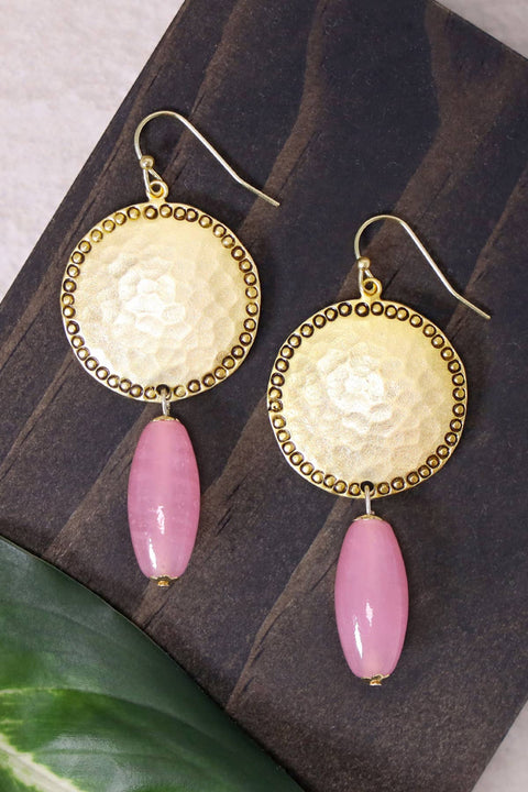 Pink Murano Glass & Hammered Coin Drop Earrings - GF