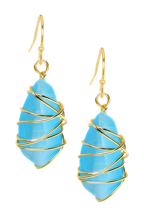 Blue Cat's Eye Wire Wrapped Drop Earrings - GF