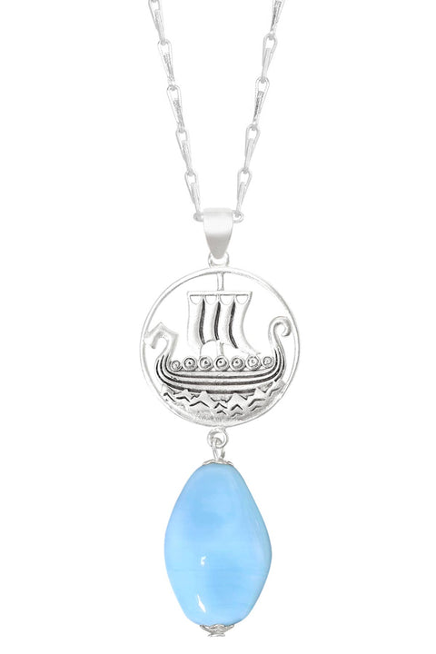 Blue Murano Glass & Viking Ship Pendant Necklace - SF