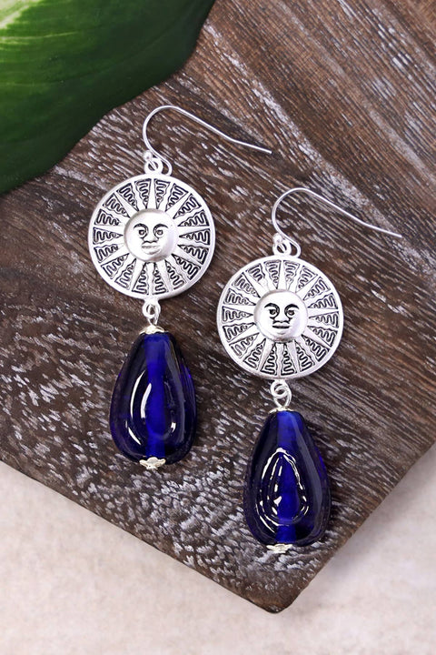 Blue Murano Glass & Aztec Sun Drop Earrings - SF