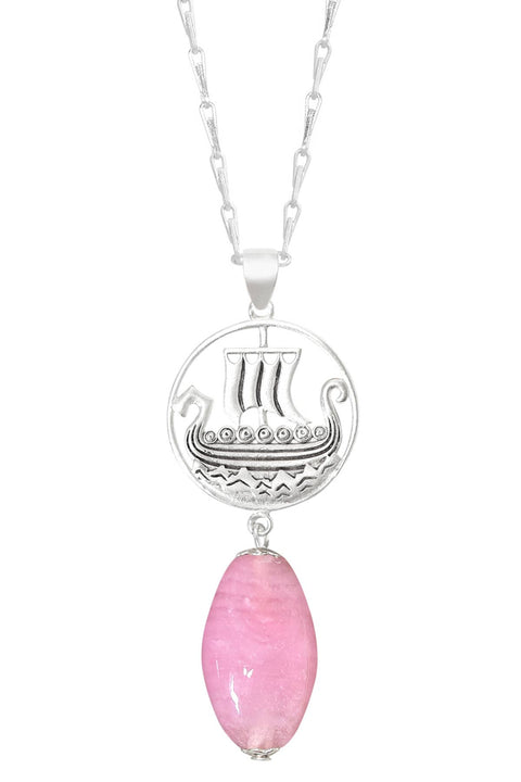 Pink Murano Glass & Viking Ship Pendant Necklace - SF