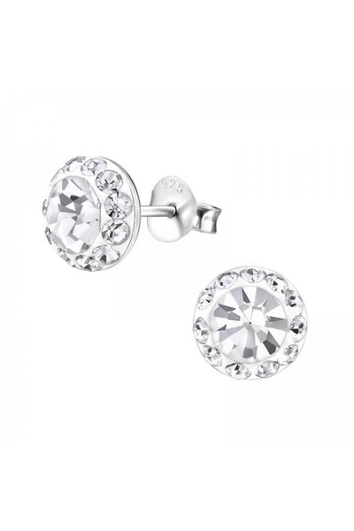 Sterling Silver Round Ear Studs With Crystal - SS