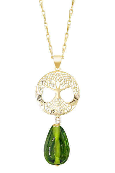 Peridot Murano Glass & Tree Of Life Pendant Necklace - GF