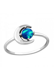 Sterling Silver Moon Ring With CZ & Created Opal - SS