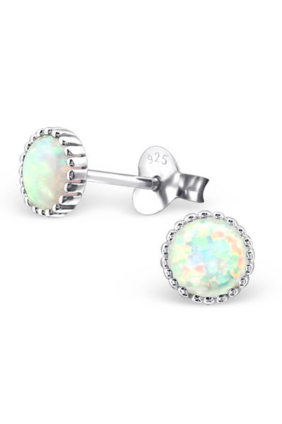 Sterling Silver Round Ear Studs With Opal - SS