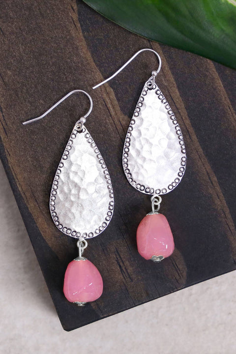 Pink Murano Glass & Hammered Teardrop Earrings - SF