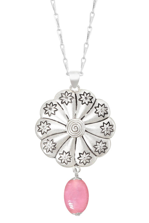 Pink Murano Glass & Hammered Floral Disc Necklace - SF