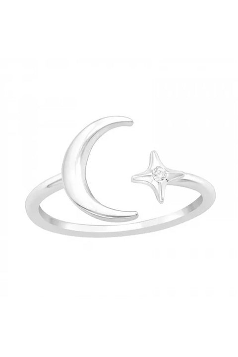 Sterling Silver Moon & Star Ring with CZ - SS