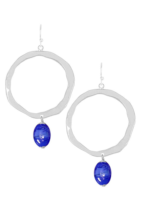 Blue Murano Glass & Hammered Hoop Drop Earrings - SF