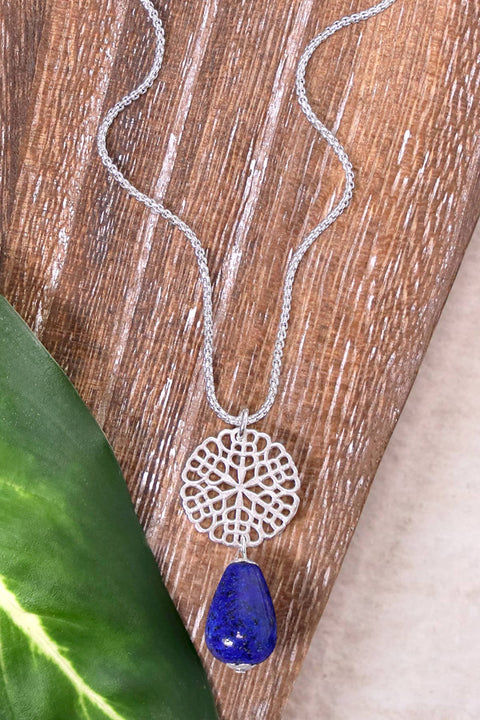 Lapis & Daisy Disc Pendant Necklace - SF