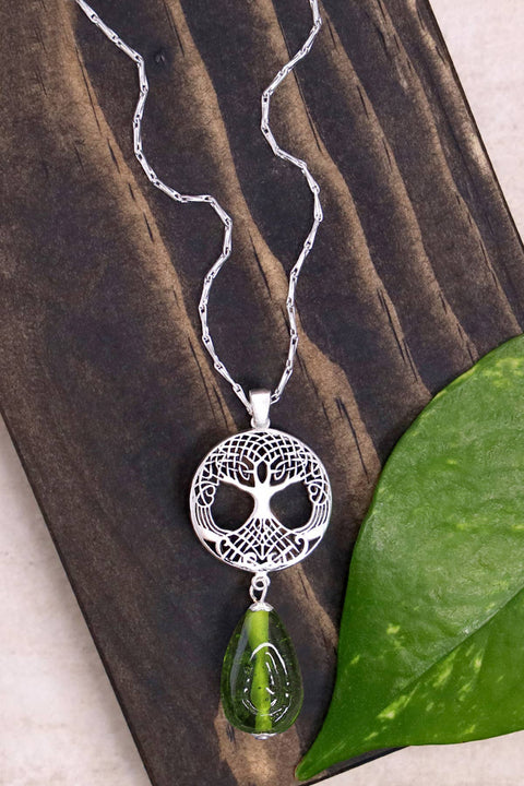 Peridot Murano Glass & Tree Of Life Pendant Necklace - SF