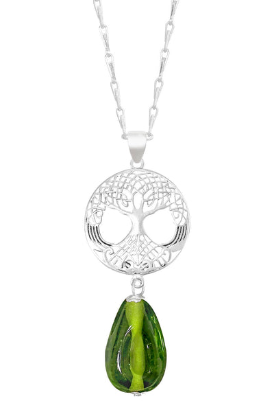 Peridot Murano Glass & Tree Of Life Pendant Necklace - SF