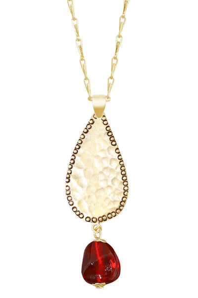 Red Murano Glass & Hammered Teardrop Pendant Necklace - GF