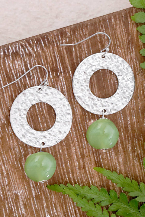 Green Murano Glass & Hammered Circle Drop Earrings - SF