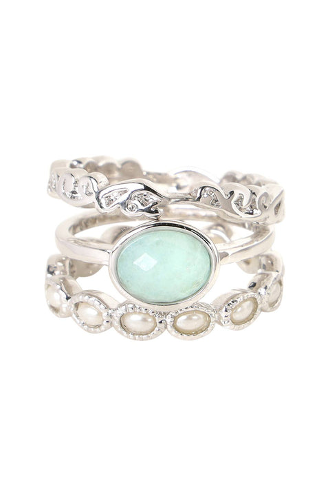 Amazonite & Faux Pearl Stack Ring Set - SF