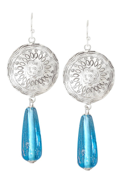 Blue Murano Glass & Floral Hammered Disc Drop Earrings - SF