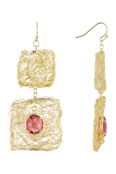 Raspberry Crystal Handmade Wire Woven Earrings - GF