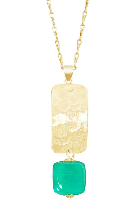 Green Murano Glass & Hammered Rectangle Necklace - GF