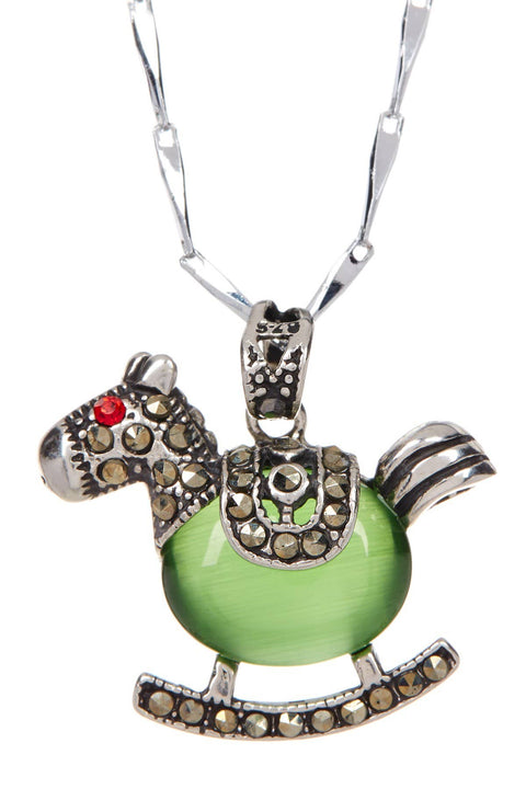 Green Cat's Eye & Marcasite Trojan Horse Necklace - SF