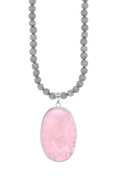 Gray Druzy Quartz Beads Necklace With Rose Quartz - SF