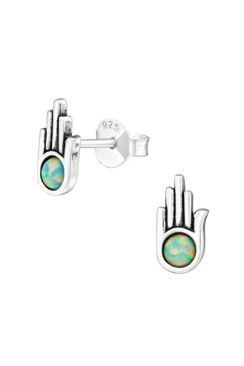 Sterling Silver Hamsa Ear Studs With Opal - SS