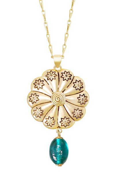 Teal Murano Glass & Hammered Floral Disc Necklace - GF