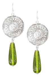 Peridot Murano Glass & Floral Hammered Disc Earrings - SF