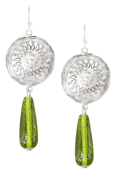 Peridot Murano Glass & Floral Hammered Disc Earrings - SF