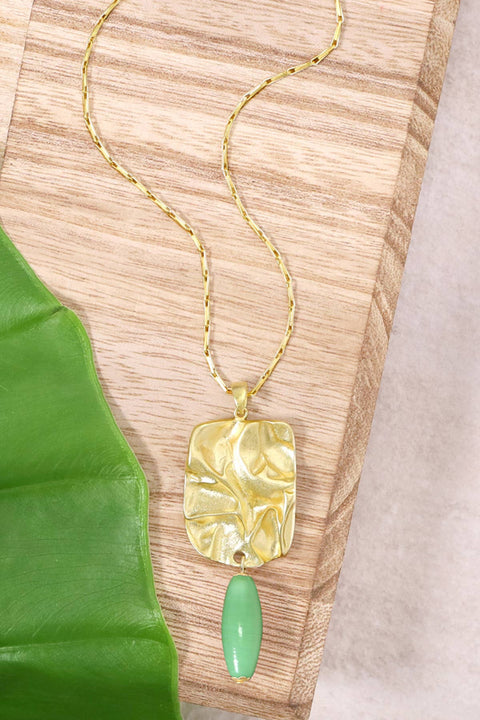 Green Murano Glass & Wave Textured Pendant Necklace - GF