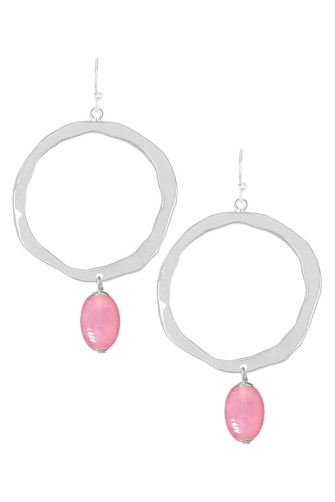 Pink Murano Glass & Hammered Hoop Drop Earrings - SF