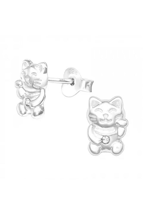 Sterling Silver Lucky Cat Ear Studs With Crystal - SS