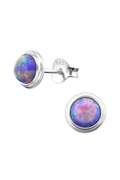 Sterling Silver Round Ear Studs With Opal - SS