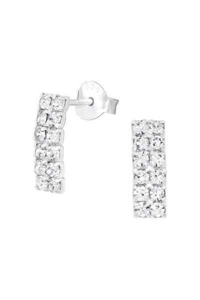 Sterling Silver Bended Rectangle Ear Studs With Crystal - SS