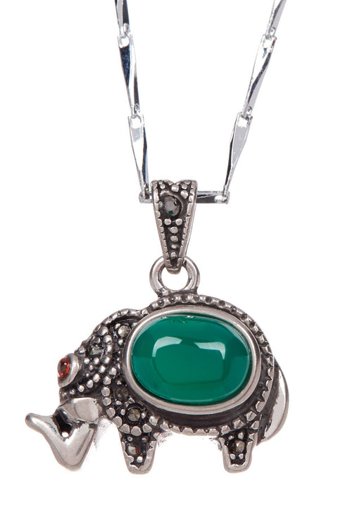 Green Agate & Marcasite Elephant Pendant Necklace - SF