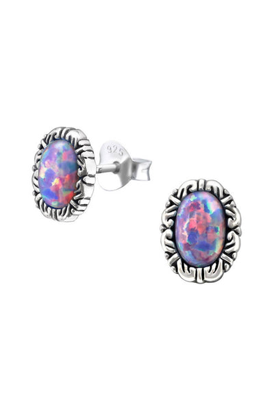 Sterling Silver Oval Ear Studs With Opal - SS