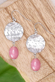 Pink Murano Glass & Hammered Disc Drop Earrings - SF