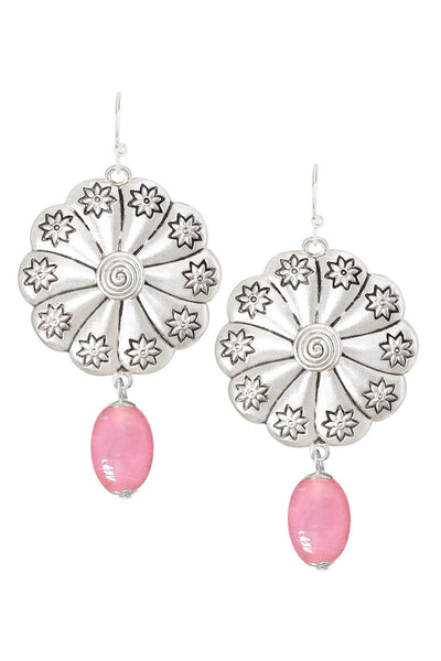 Pink Murano Glass & Hammered Floral Disc Drop Earrings - SF