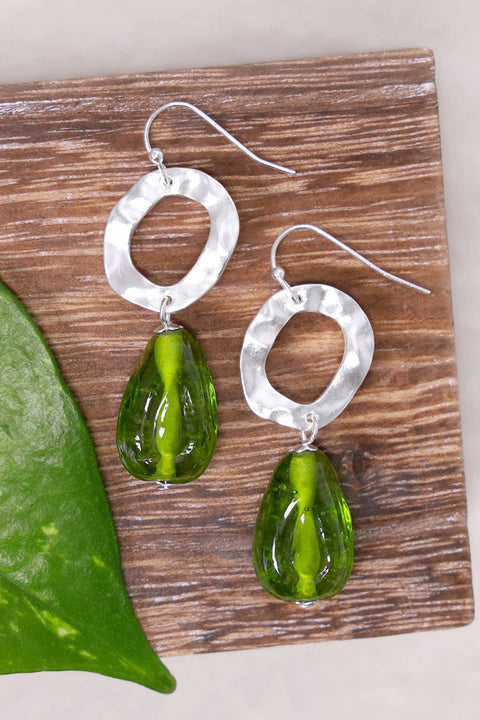 Peridot Murano Glass & Hammered Hoop Drop Earrings - SF